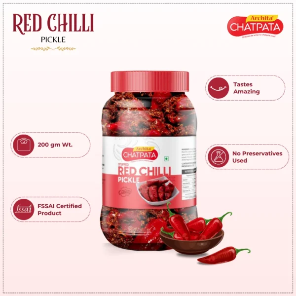 Archita Chatpata Red Stuffed Chilli Pickle 200gm - Plastic Jar - Image 2