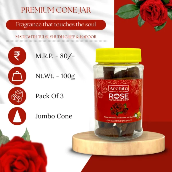 Archita Poojabatti Rose Premium Dhoop Cone Jar - 100 gm - Image 2