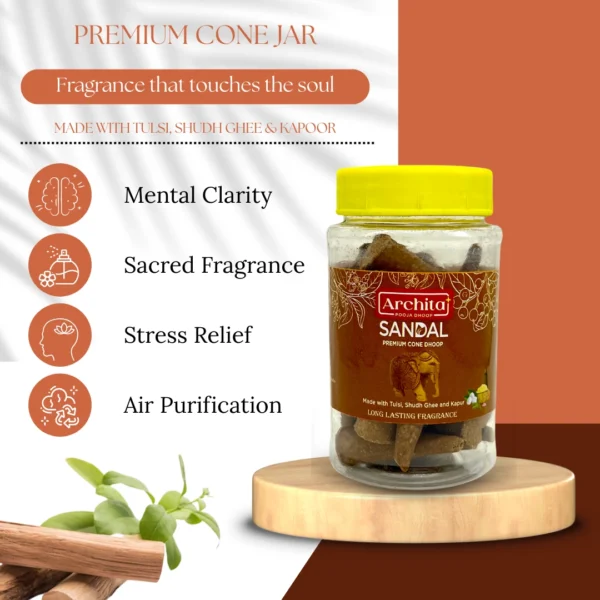 Archita Poojabatti Sandal Premium Dhoop Cone Jar - 100 gm - Image 3