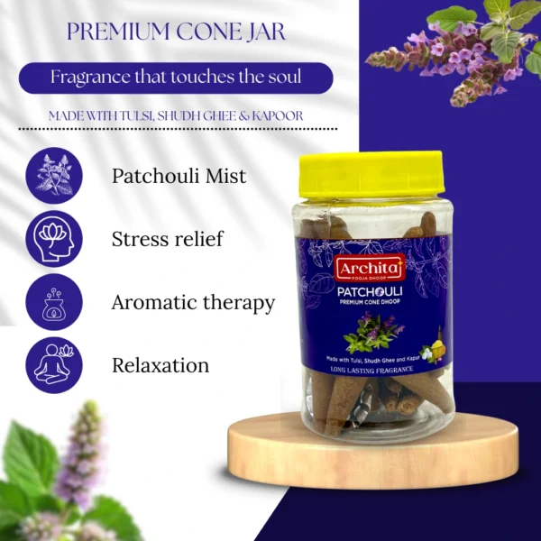 Archita Poojabatti Patchouli Premium Dhoop Cone Jar - 100 gm - Image 4